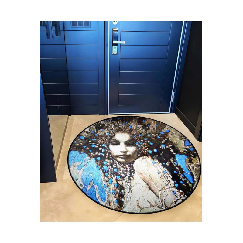Multicolored Woman Portrait And Floral Patterned Round Woven Base Modern Decorative Carpet, Round 3'4"