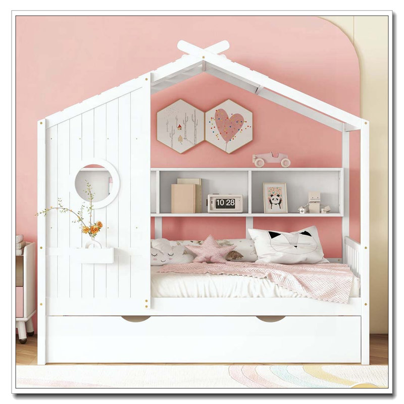Lit double en bois avec lit gigogne, Blanc, Lit double