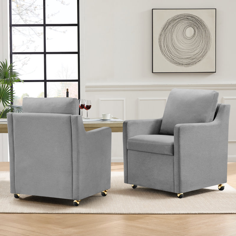 27" Wide Country Farmhouse Linen Upholstered ?Fabric Dining Chair With Casters(Set Of 2), Gray