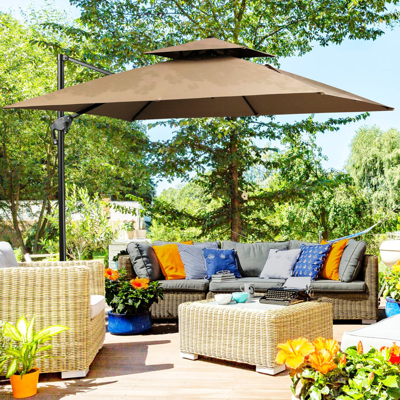Parasol excentré 10 pi avec base, rotation 360 °, motif à double plateau, 8 nervures, inclinaison facile, manivelle, plateau double café, fonction d'inclinaison,