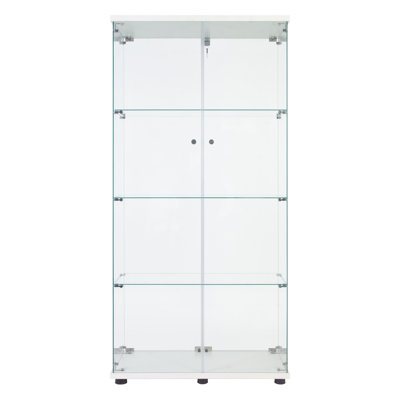 LED Strip Light Two Door Glass Cabinet Glass Display Cabinet With 4 Shelves, White