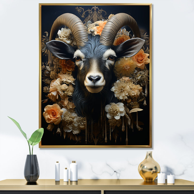 Chèvre noire, Illustration florale - Art mural animal de chèvre, Cadre flottant doré, H 20 po x l 12 po x P 1 po
