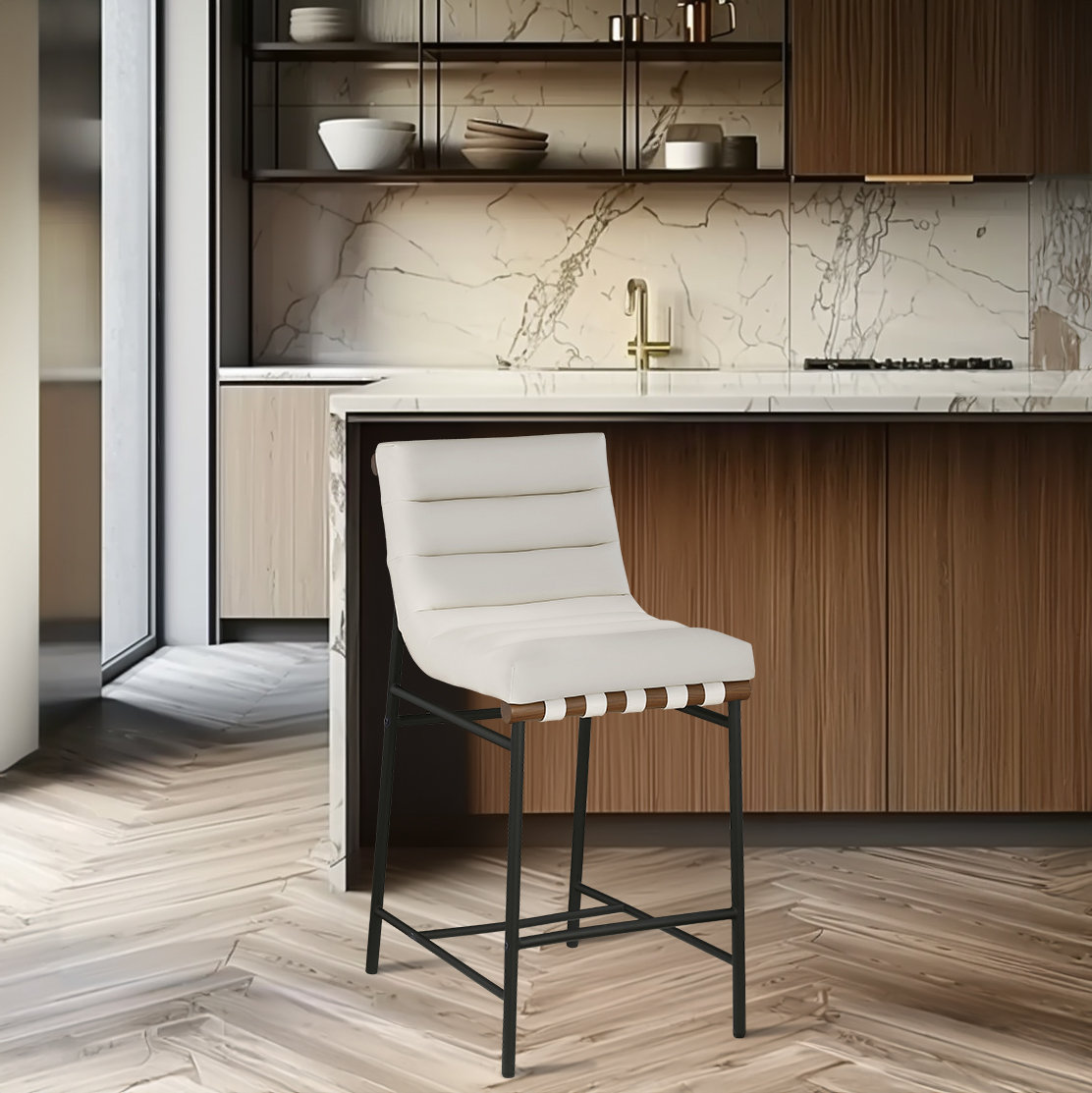 Bar Stool, Soft Cream Faux Leather, Counter Stool (26.4" Seat Height)