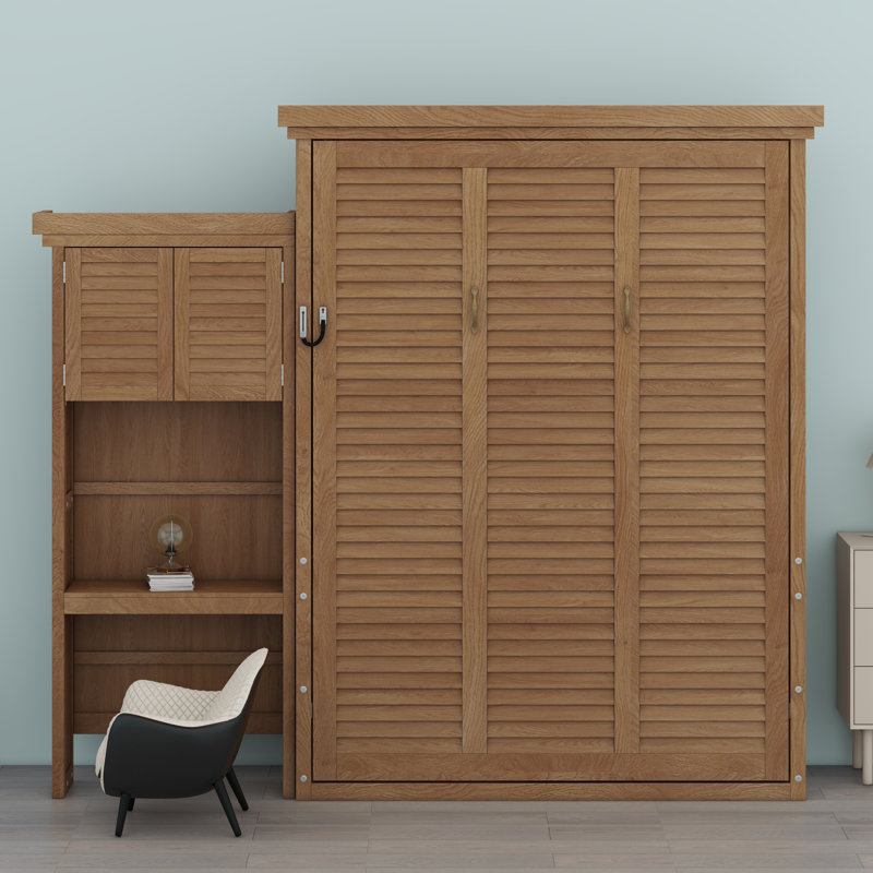 Lit escamotable avec plusieurs tablettes de rangement et décoration à persiennes, Bois