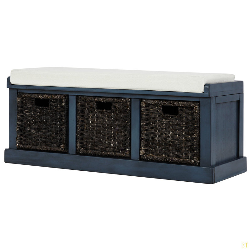 Rustic Storage Bench With 3 Removable Classic Rattan Basket , Entryway Bench With Removable Cushion, Antique Navy