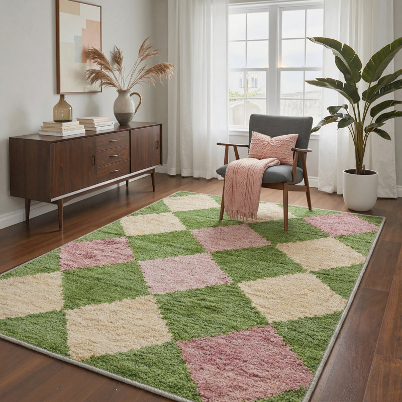Maven Geometric Machine Washable Pink / Green / Beige Indoor Area Rug with Non-Slip Backing, Rectangle 6' x 9'