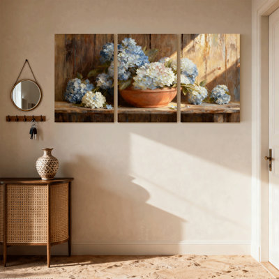 hydrangea Floral Arrangement On Wooden Shelf Set of 3 Canvas Wall Art Prints