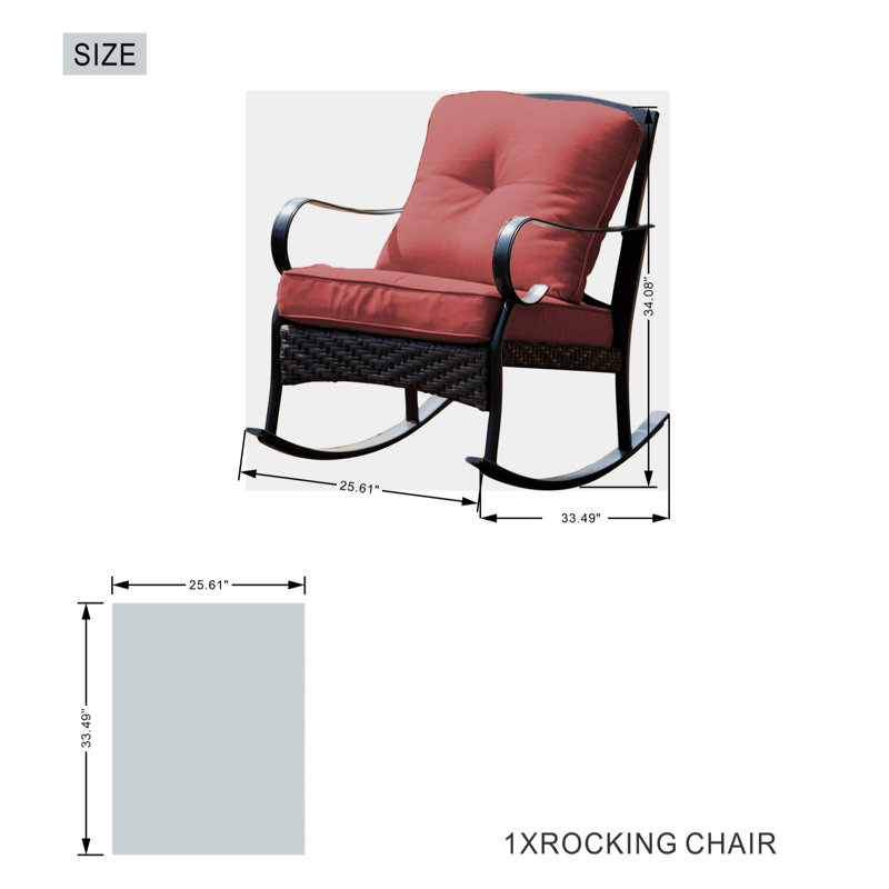 W25 In. Outdoor Metal Wicker Rocking Chair With Red Cushions