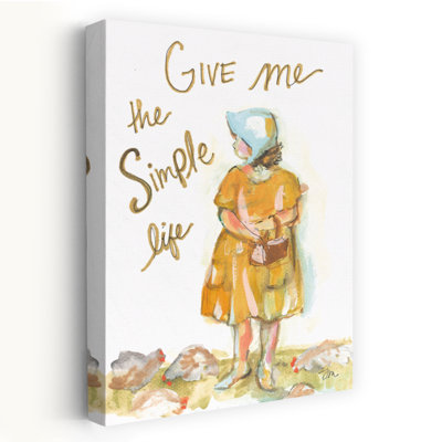 La vie simple - Illustration rétro d'une jeune fille à l'aquarelle avec des poulets en arrière-plan