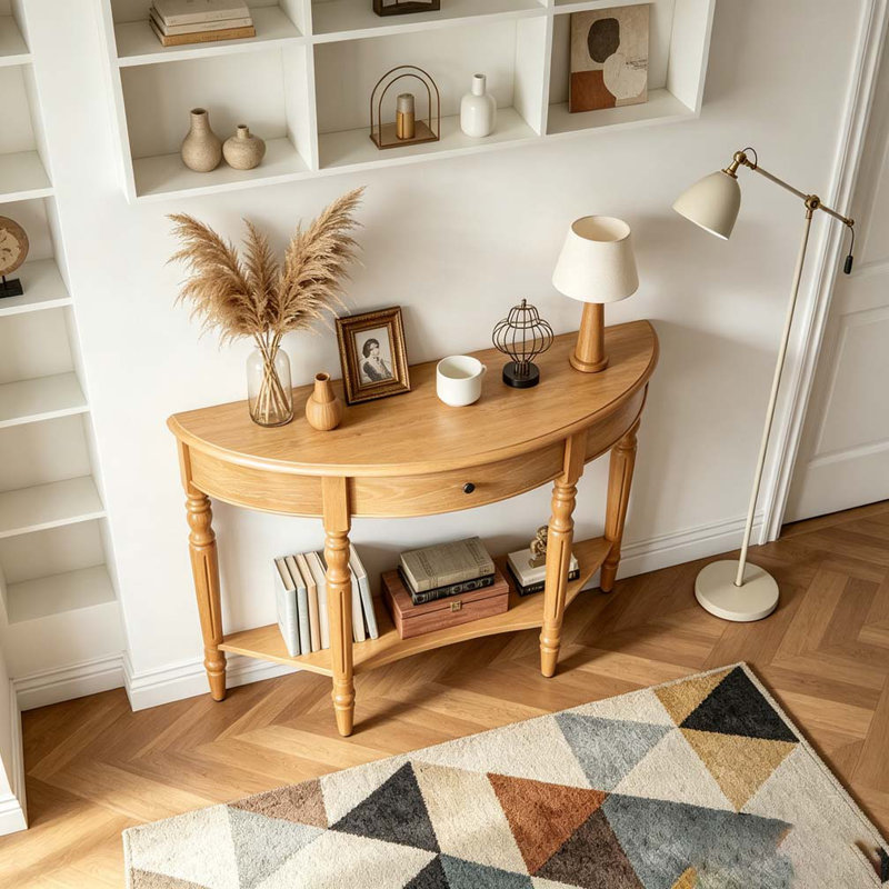 Half Moon Console Table with Drawer & Shelf, Natural