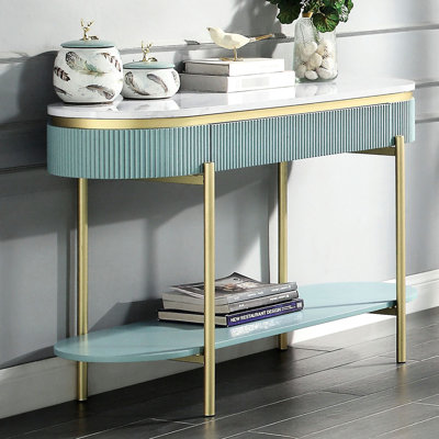 Table d'appoint contemporaine avec fini bleu canard, plateau et pieds en faux marbre blanc, idéale pour le salon, tiroir de rangement
