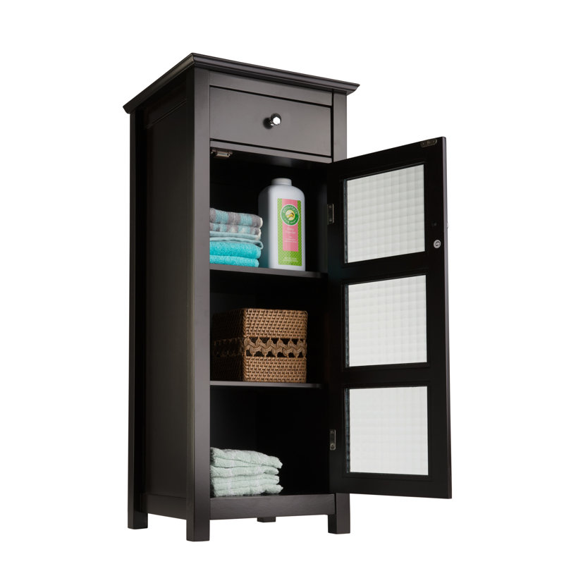 Freestanding Floor Storage Accent Cabinet with Waffle Glass Door, Drawer & Shelves