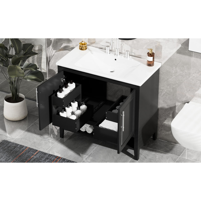 36" Bathroom Sink Vanity, Black & Solid Wood, Smooth Ceramic Sink, 2 Doors And Drawers, Functional Feature, Assembly Required Basin, Drawers Doors, Modern Furniture,