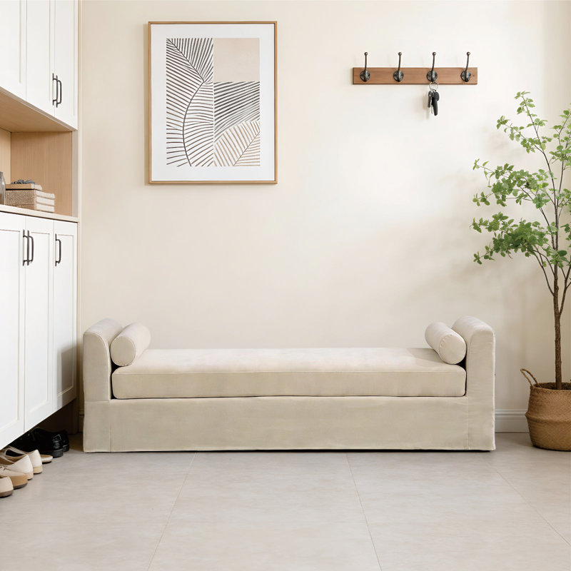 88.5" W Slipcovered Chenille Upholstered Bench, Beige