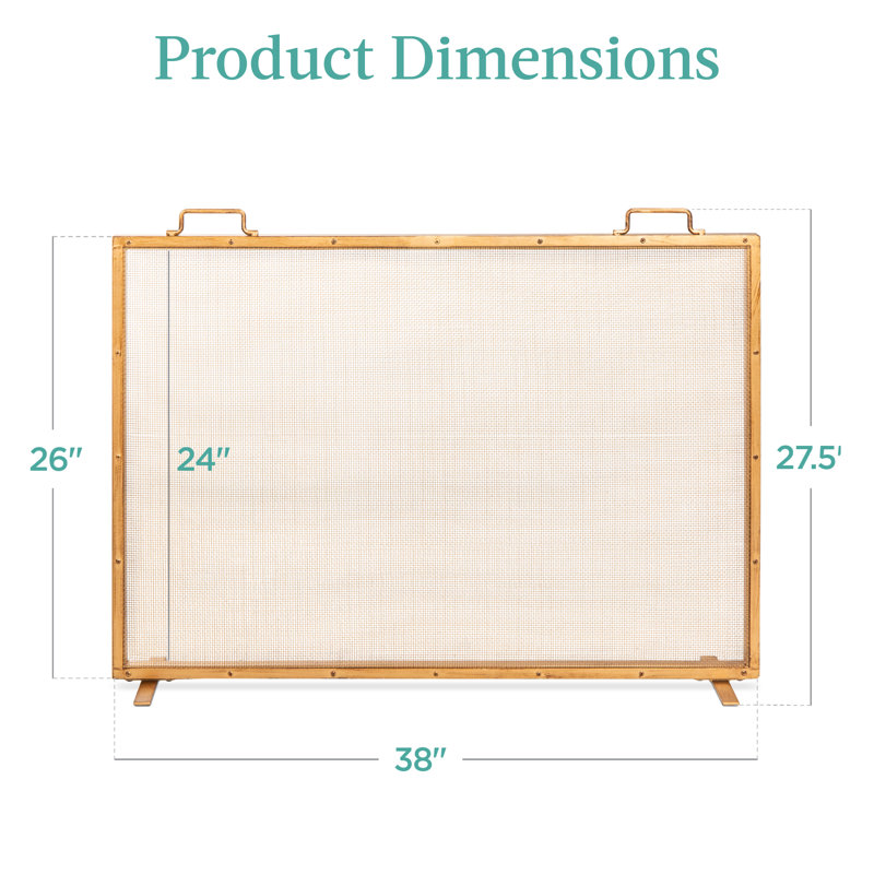 Cassiano 38x27in Single Panel Fireplace Screen Handcrafted Steel Mesh Spark Guard w/ Handles, Gold