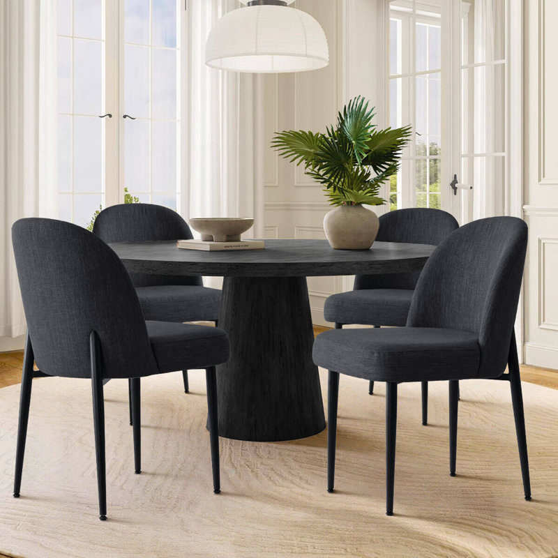 Modern Linen Upholstered Dining Chair with Curved Back and Black Metal Legs, Black