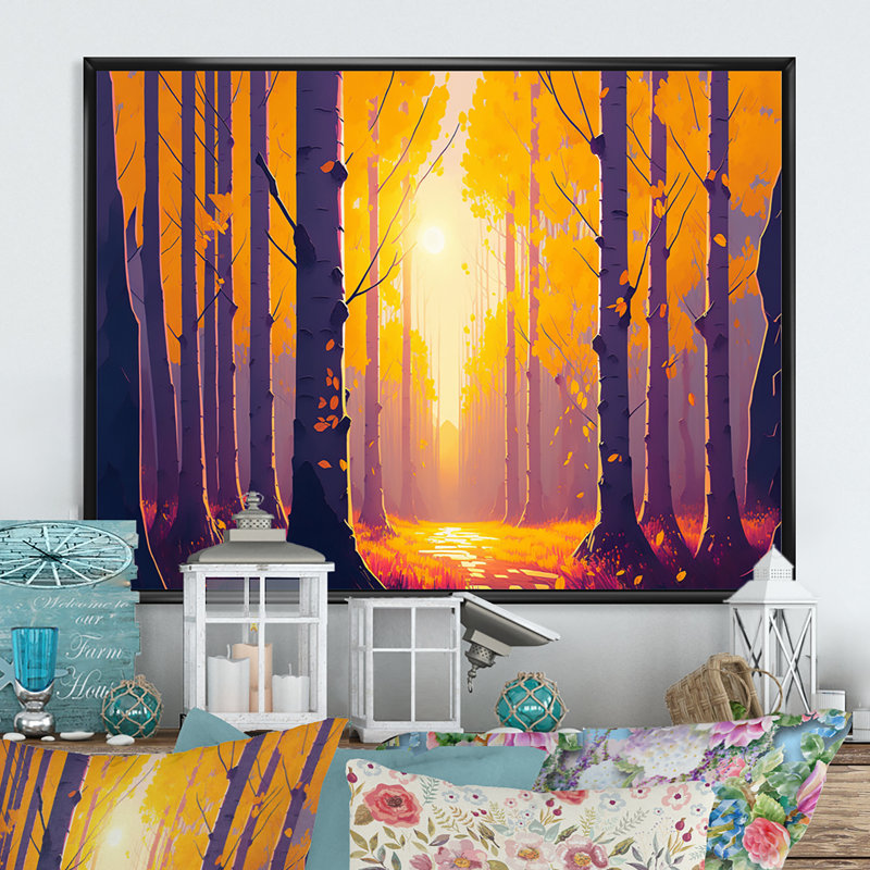 Golden Hour Birch Trees IV - Décoration murale paysage forêt, H 16 po x l 32 po x P 1 po, Toile avec cadre flottant noir