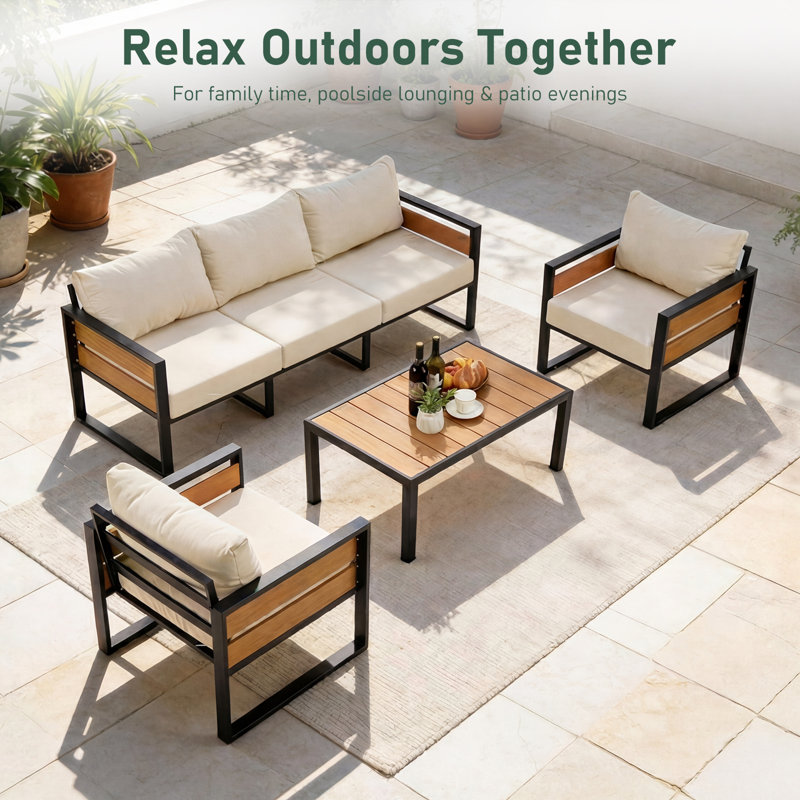 4-Piece Steel Outdoor Patio Conversation Set, 5-Person Patio Furniture Set with Coffee Table for Backyard, Beige