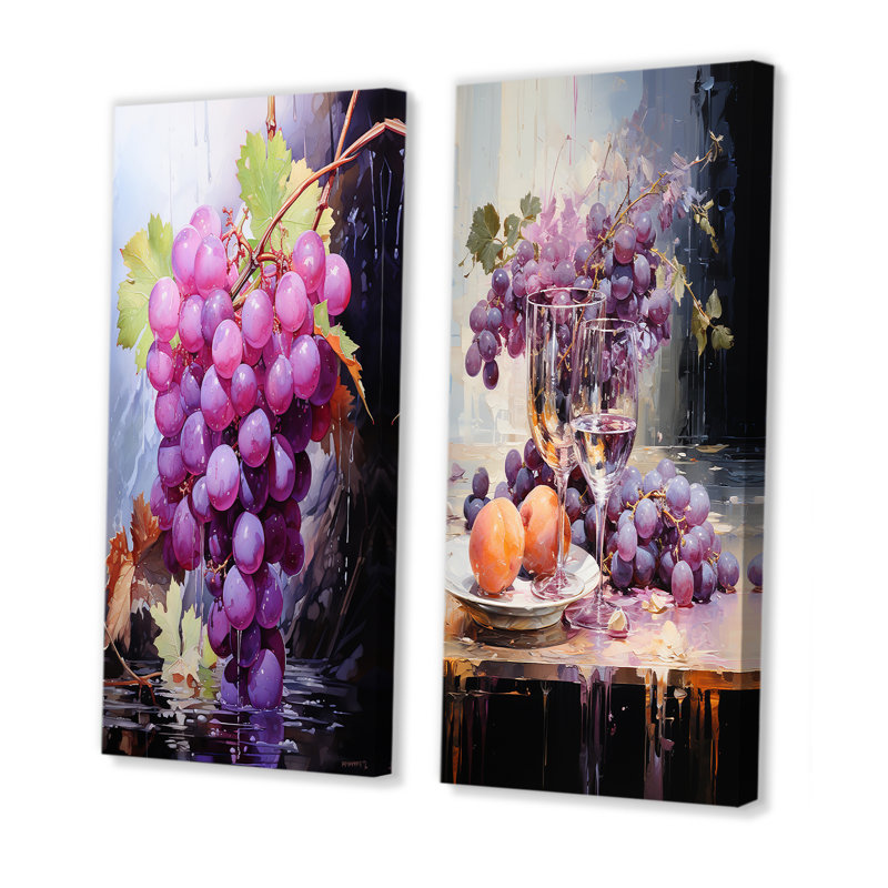 Mauve, patchwork, raisin, fruits, art mural sur toile, ensemble de 2, H 28 po x l 25 po, Toile tendue