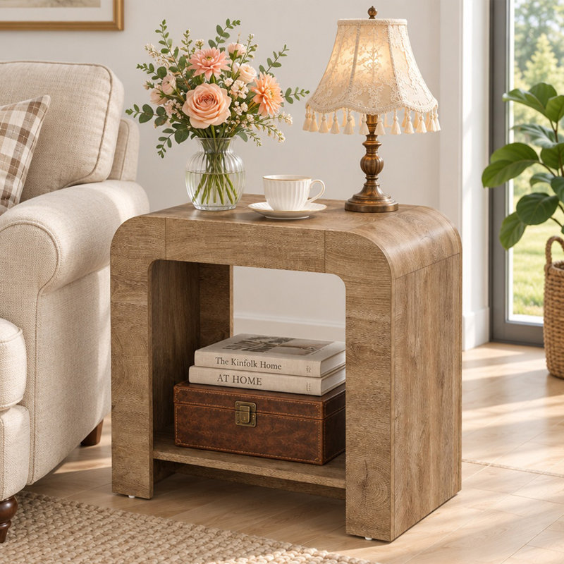 Table d'appoint de style champêtre à 2 niveaux, table de chevet en bois avec rangement, idéale pour le salon ou la chambre.