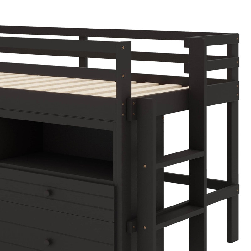 Lit mezzanine simple fonctionnel avec quatre tiroirs, une armoire sous le lit et une étagère, Espresso