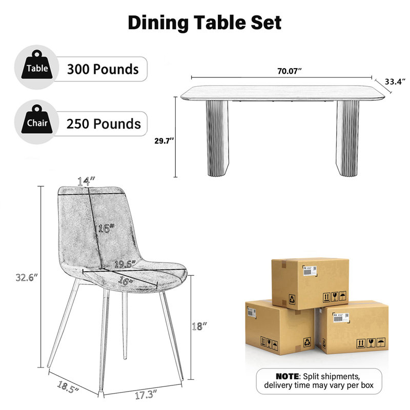 Ensemble de table de salle à manger à double piédestal 70,07 po Modern, Ensemble de cinq pièces : table, quatre chaises