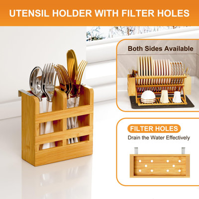 Égouttoir à vaisselle en bambou avec porte-ustensiles, égouttoir à vaisselle pliable à 3 niveaux, égouttoirs à vaisselle en bois