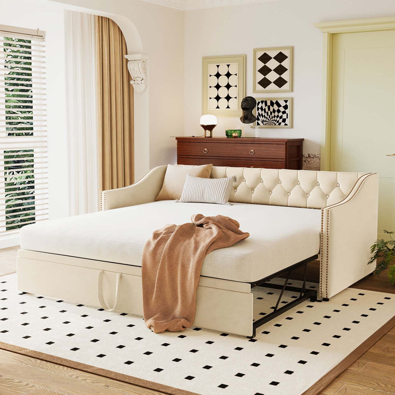 Twin Size Upholstered daybed with Pop Up Trundle, Beige, Beige