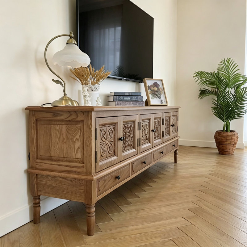 Retro Carved Rectangular Solid Wood TV Stand, Nut-Brown