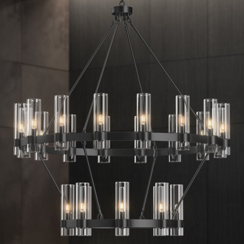 24-lights Chandelier,wagon Wheel Chandelier With Glass Shade, Matte Black