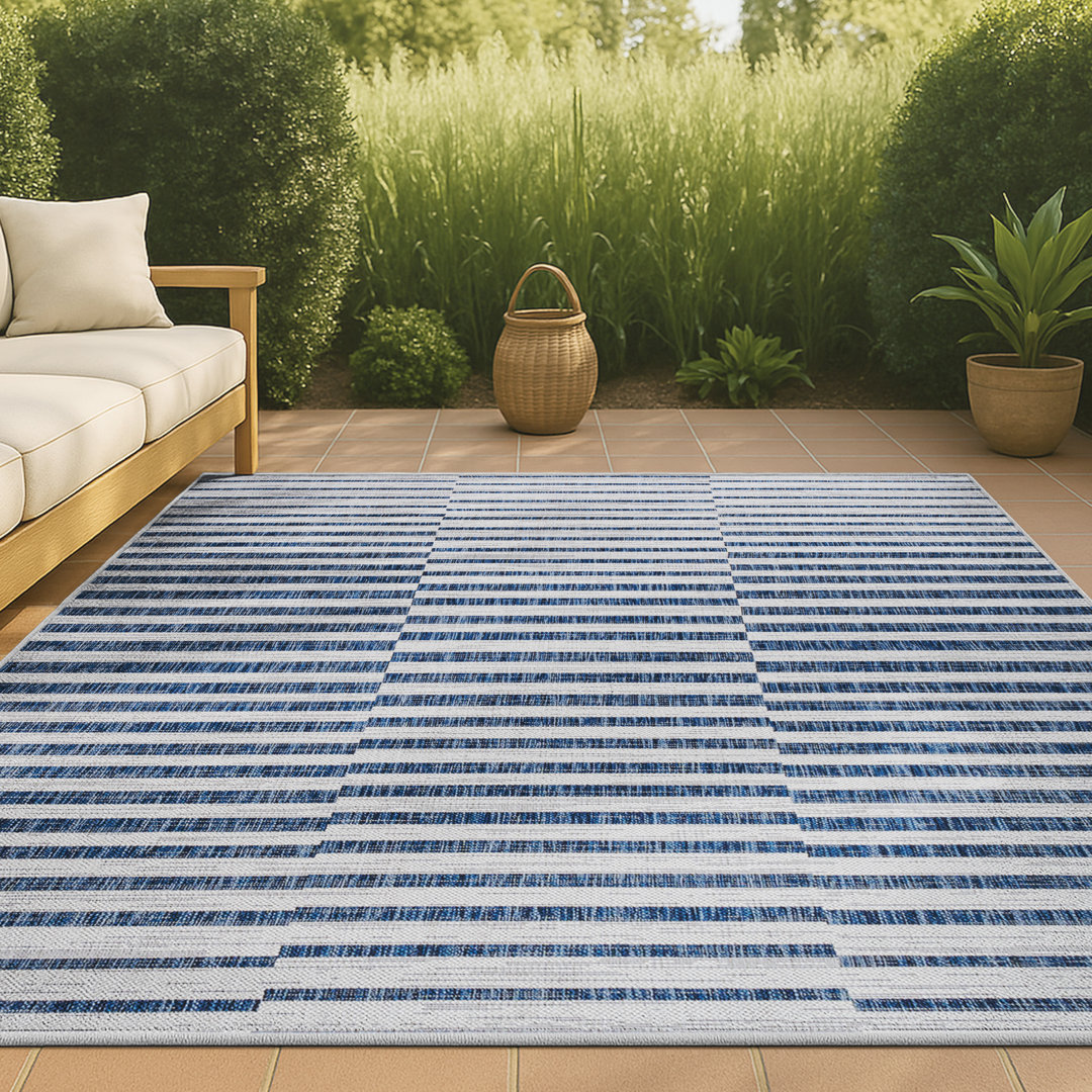 Sukie Modern Offset Stripe Ivory/Blue Indoor/Outdoor Rug Latitude Run® Rug 