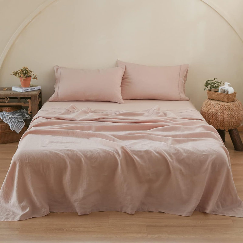 Ensemble de draps 100% lin pur, Twin Sheet Set with 1 Pillowcase, Pink