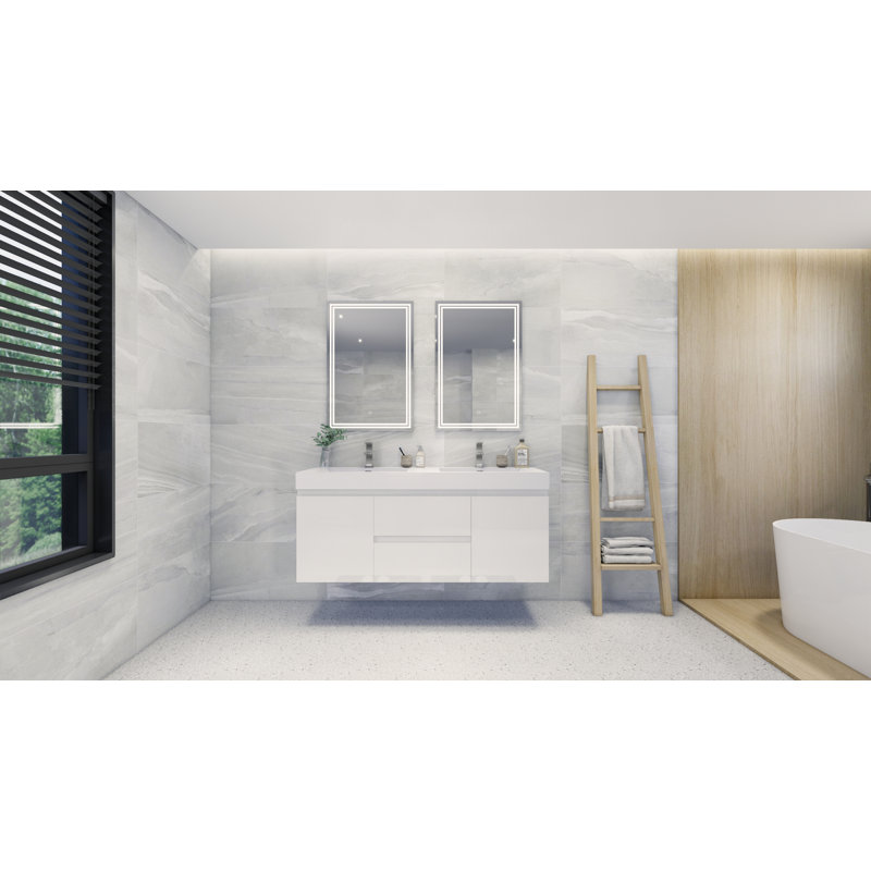 Ensemble de meuble-lavabo double mural 60 po Hartt, Blanc très luisant