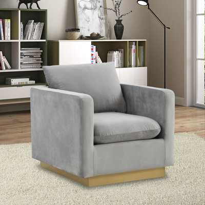 Berengarius Modern Velvet Armchair Accent Chair with Removable Cushions and Gold Stainless Steel Plinth Base, No Assembly by Everly Quinn