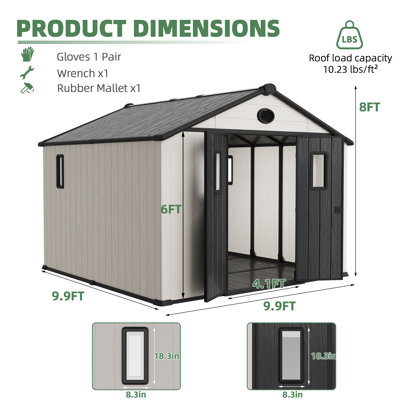 10 x 10 FT Resin Outdoor Storage Shed with Windows and Lockable Door, Plastic Garden Shed with Floor for Lawn Mower, Bikes, Pool Supplies and Tools