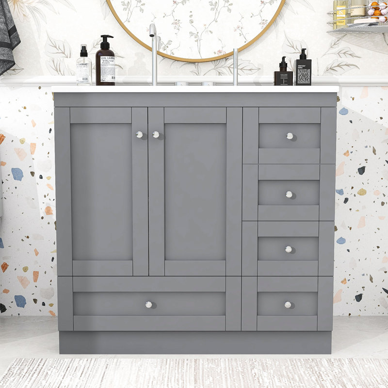 Meuble-lavabo sur pied 36 po avec lavabo, tiroirs et portes à fermeture en douceur 36 po, Gris