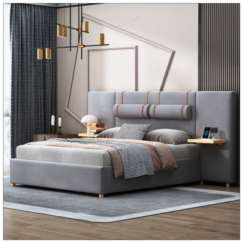 Queen Upholstered Platform Bed with USB Charging, Storage Shelves, and Plush Pillows for Ultimate Comfort and Convenience.