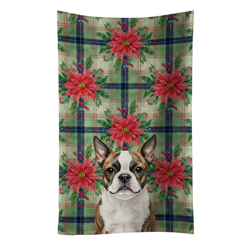 Brindle Boston Terrier Christmas PoinsettIas Kitchen Towel, Brindle Boston Terrier