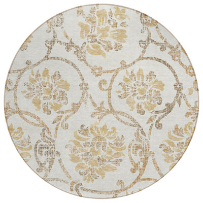 8' Ivory Beige And Gold Round Floral Washable Indoor Outdoor Area Rug