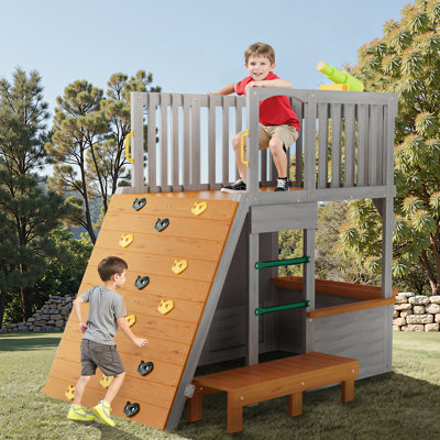 Large Sturdy Wooden Playhouse For Kids Realistic Modern Design Lookout Post Telescope Climb Ramp-For 5-8 Children's Outdoor Play
