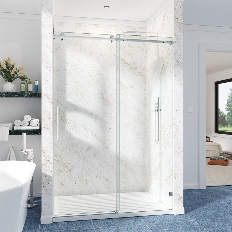62-67" W X 72" H Frameless Single Sliding Shower Door with 3/8" (10mm) Clear Tempered Glass, Shatter-Resistant Film & Installation Hole Locator - Square Top Rail