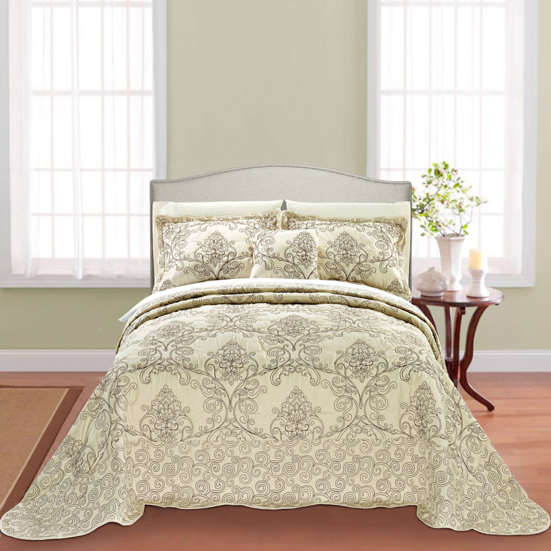 Beige King Reversible Microfiber Damask Bedspread Set