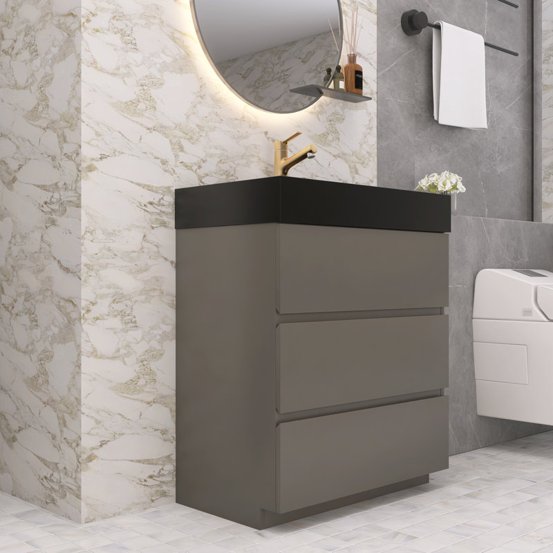 Ensemble de meuble-lavabo simple 29,9 po avec surface solide Codero, Gris, Noir mat