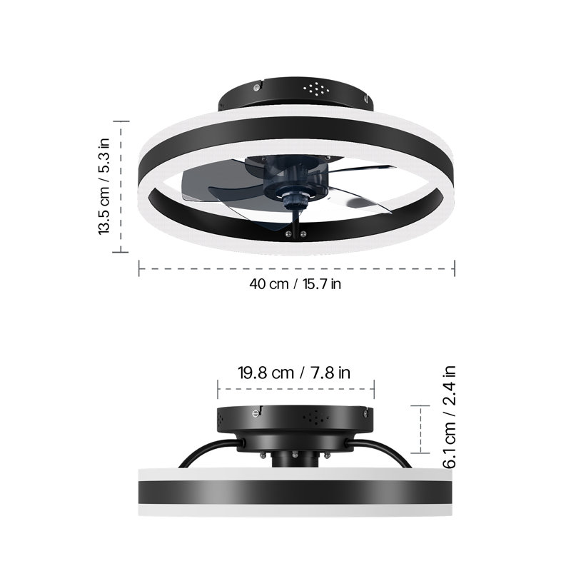 Heui Bladeless Ceiling Fan with Light, Black, 15.7", 2 Packs