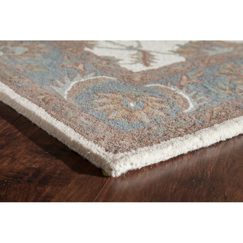 Ivory and Light Blue Handmade Wool Oriental Rug, 2' x 4'