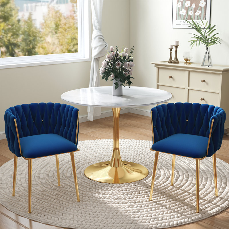Round Pedestal Dining Set with Woven Dining Chair, Blue