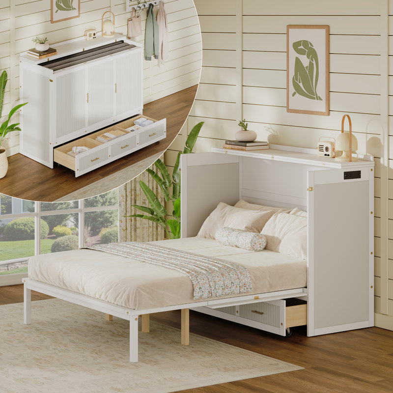 Armoire murale multifonctionnelle avec station de charge USB, lit escamotable vertical grand format avec tiroirs, lit escamotable mural peu encombrant avec verrou de sécurité et dispositif anti-basculement
