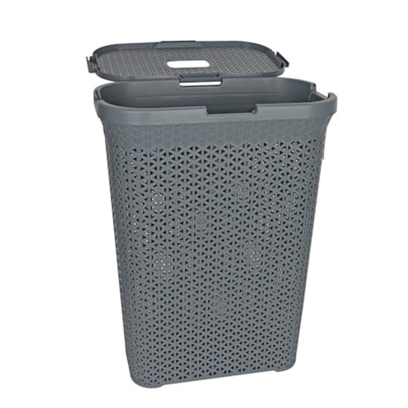 Ebern Designs Plastic Rattan Laundry Hamper Basket With Hinged Lid, Ventilation Holes, Durable, Lightweight Bin With Cutout Handles, Storage Dirty Clothes, Space Saver