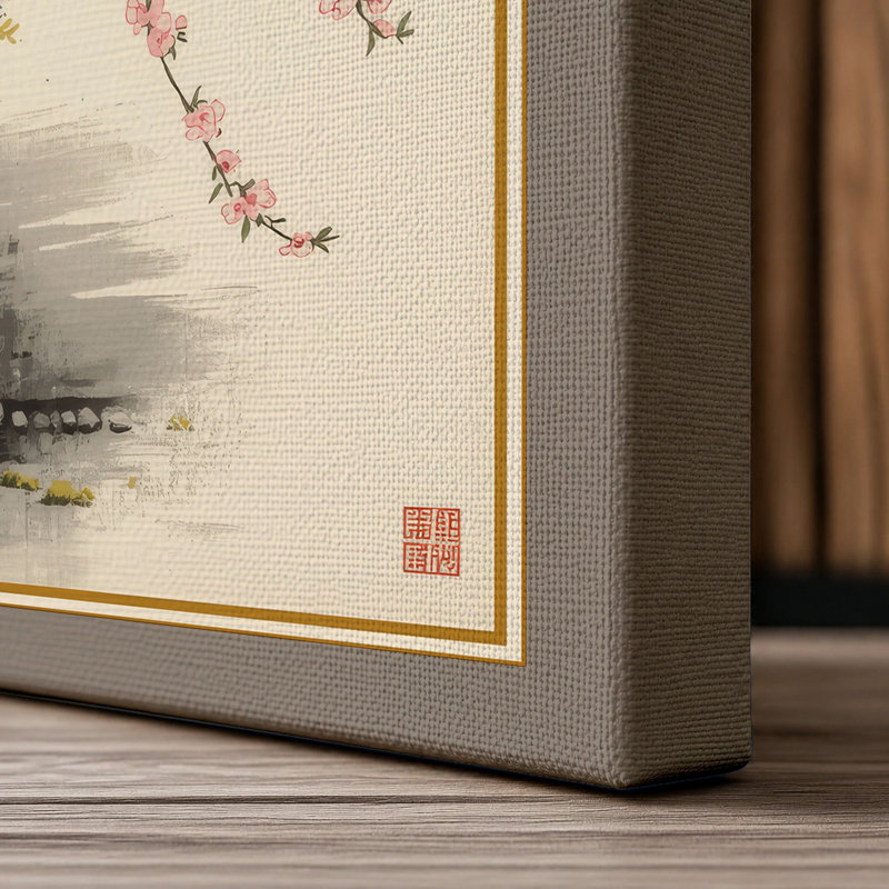 Blossoms Over Mist Japandi - Wrapped Canvas, 24x16 - 61.0 x 40.6 cm, Taupe Border