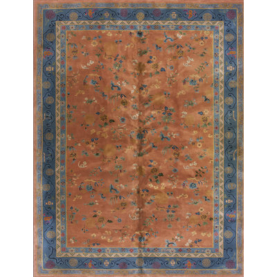 Chinese Wool Rectangle Knotted 1920s Room Size - Art Deco Antique Coral Rug